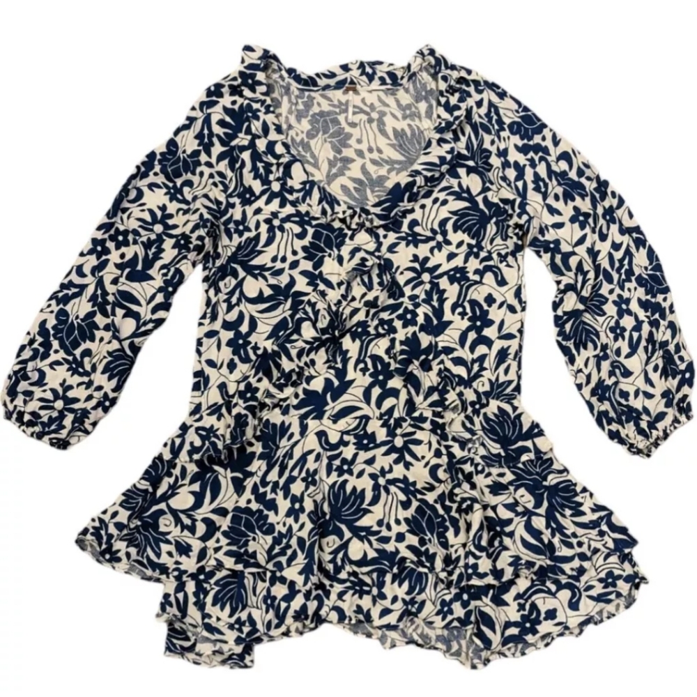 Free People Rebecca Blue White Floral Ruffle Mini Shift Dress Medium